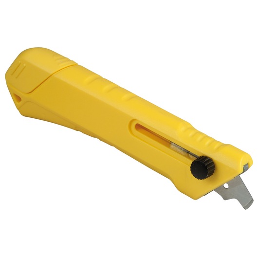 STANLEY STHT0-10192 yellow utility knife with retractable blade, side knob, product angle on white background.
