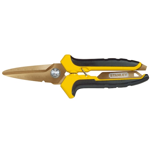 Photo of STANLEY STHT0-14103 utility scissors with yellow and black handles, titanium-coated straight blades, side view.