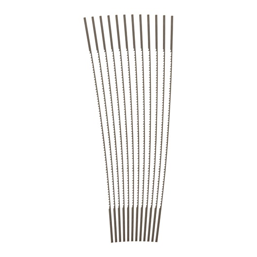 Photo of STANLEY STHT0-20129 scroll saw blades set, 12 metal blades fanned out, white background.