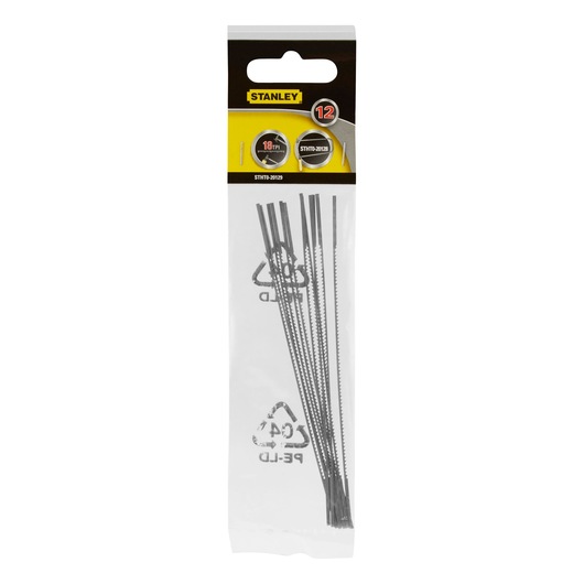STANLEY STHT0-20129 hacksaw blade pack, front angle, 12 metal blades in clear plastic packaging.