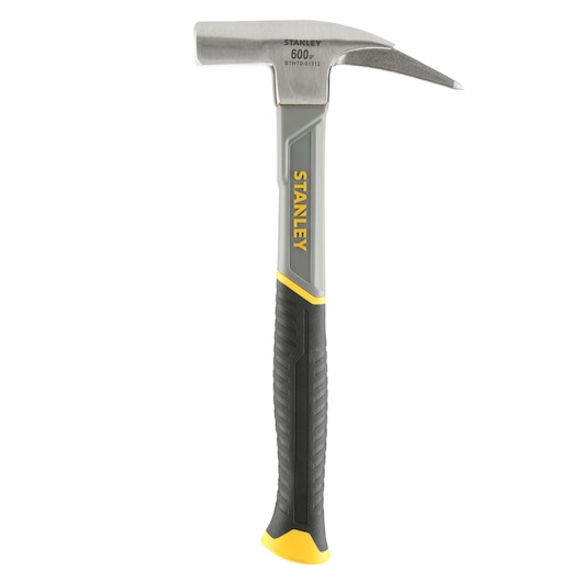 Photo of STANLEY STHT0-51312 masonry hammer with yellow and black ergonomic handle, side view on white background.