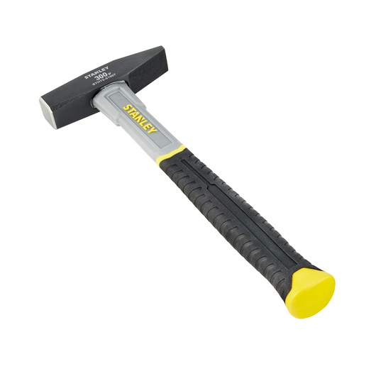STANLEY STHT0-51907 hammer with black head, grey and black handle, yellow accents, angled view, white background.