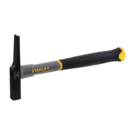 STANLEY STHT0-51911 bricklayer’s hammer with black and yellow handle, side view on white background.