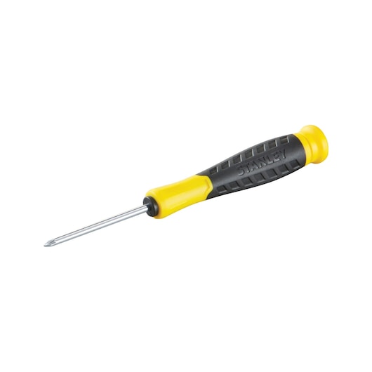 STANLEY STHT0-60273 precision screwdriver with yellow and black handle, side angle, white background.