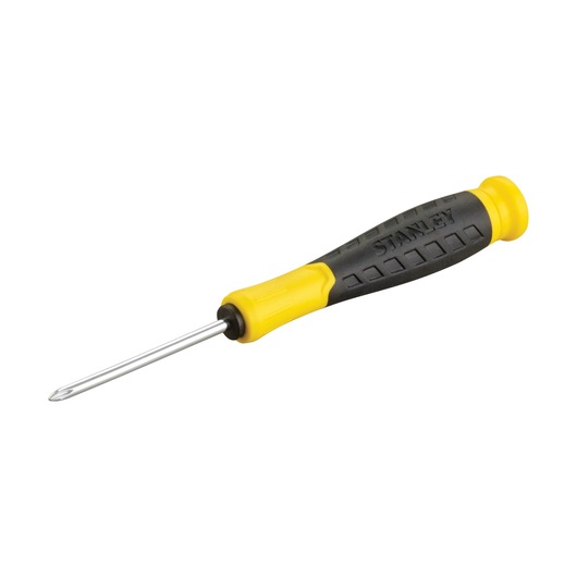 Stanley Phillips screwdriver with yellow and black handle, isolated on a white background.