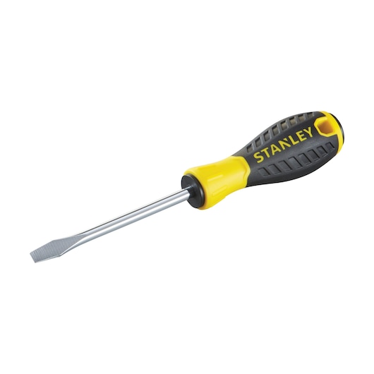 STANLEY STHT0-60389 flat head screwdriver, yellow and black handle, side angle photo.