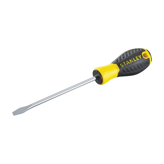 STANLEY STHT0-60413 flathead screwdriver with yellow and black handle, side angle on white background.