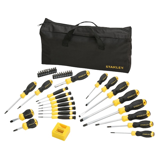 STANLEY STHT0-62113 screwdriver set with black and yellow handles, bits, case, front angle on white background.