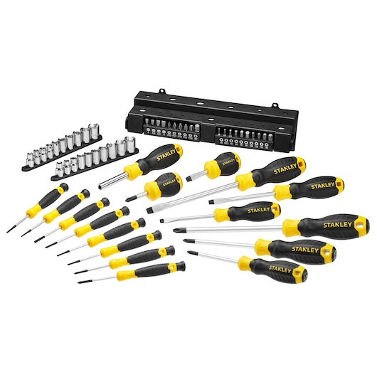 Photo of STANLEY STHT0-62143 screwdriver and socket set, yellow and black handles, various pieces, white background.