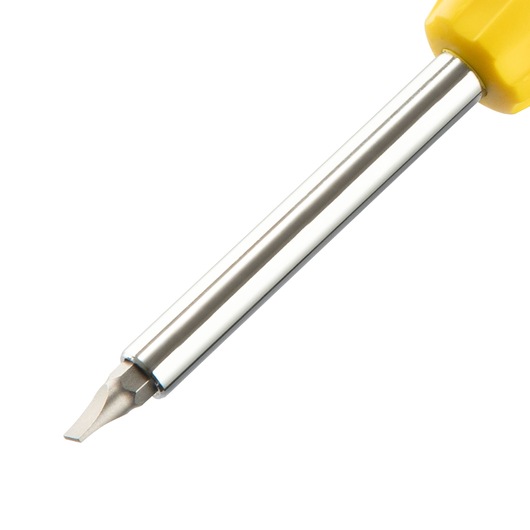 Close-up of a flathead screwdriver with a yellow handle and metal shaft.