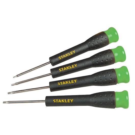 STANLEY STHT0-62630 precision screwdriver set with black handles and green end caps, side angle.