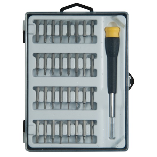 STANLEY STHT0-62634 screwdriver bit set with handle in clear plastic case, top view.