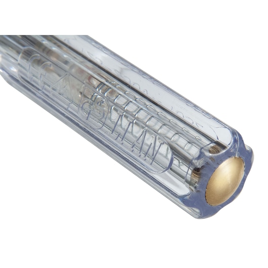 STANLEY STHT0-62685 screwdriver handle close-up, transparent plastic with brass end, studio angle.
