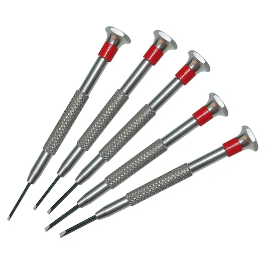 STANLEY STHT0-62686 precision screwdriver set, five-piece set, silver handles with red accents, top-down view.