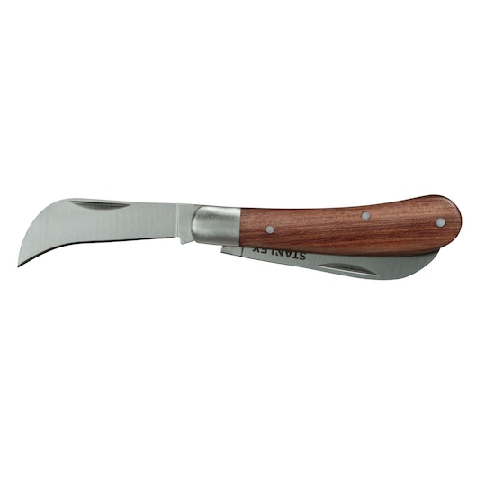 STANLEY STHT0-62687 folding pruning knife with curved stainless blade and wooden handle, side view on white.
