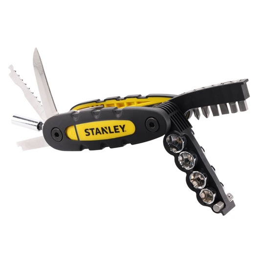STANLEY STHT0-70695 multi-tool set with black and yellow handle and assorted bits, angled view.