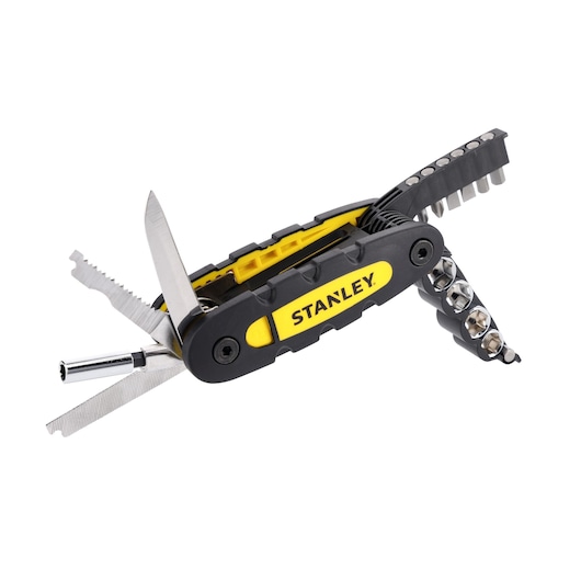 STANLEY STHT0-70695 multi-tool with black and yellow handle, several tools extended, front angle.