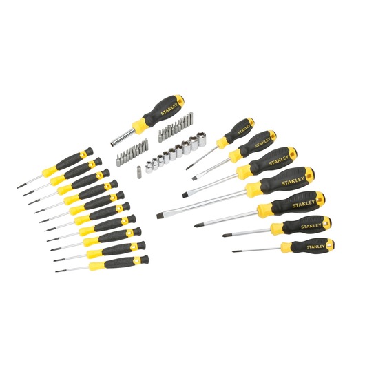 STANLEY STHT0-70886 screwdriver and bit set with yellow and black handles, flat lay view, photography product category.