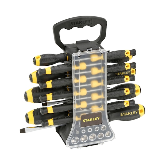 STANLEY STHT0-70886 screwdriver set with black and yellow handles, includes stand and transparent cover, front angle.