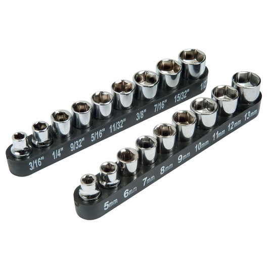 Stanley socket set with metric and imperial sizes on two black racks for tool organization.