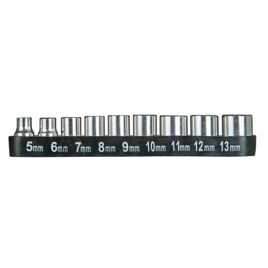 Set of nine metric socket heads in sizes 5 to 13mm, arranged in a holder with size labels.