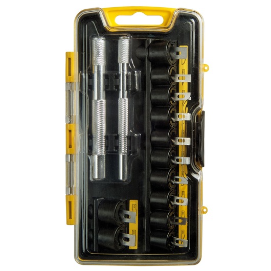 Stanley punch tool set in a yellow and black plastic storage case with multiple punches and handles.
