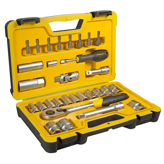STANLEY STHT0-73929 socket and bit set in yellow and black hard case, open to show sockets, bits, and ratchet.