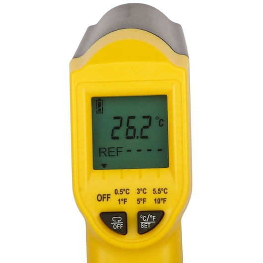 STANLEY STHT0-77365 digital infrared thermometer, front view, yellow body, screen displaying 26.2°C.
