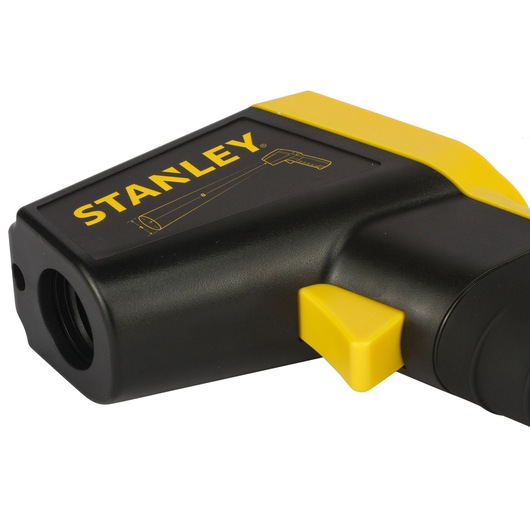 STANLEY STHT0-77365 digital laser measurer, black and yellow, side angle product photo.