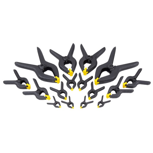 Set of black and yellow photography clamps in various sizes, arranged in a semi-circle on a white background.