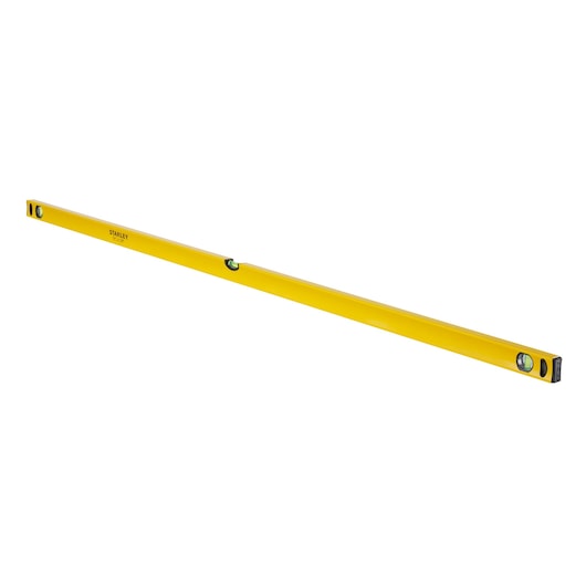Photo of STANLEY STHT1-43108 yellow spirit level with three vials on white background, side angle view.
