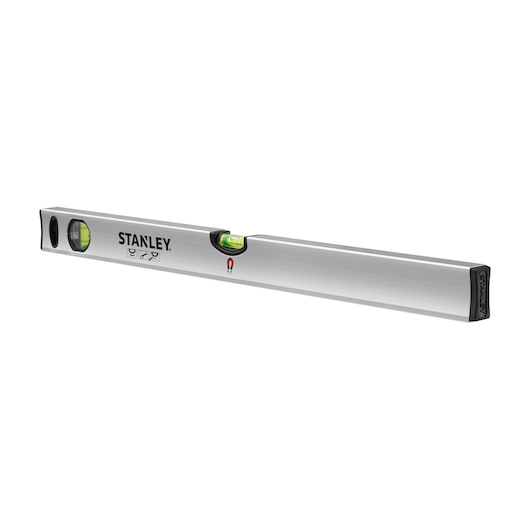 Stanley metal spirit level with bubble vials for measuring horizontal or vertical alignment.
