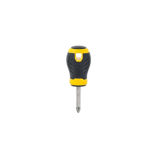 STANLEY STHT1-60275 stubby Phillips screwdriver with black and yellow handle, front angle, white background.