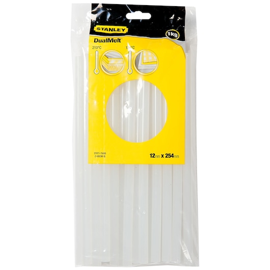 STANLEY STHT1-70430 glue sticks pack, clear, DualMelt, 12mm x 254mm, front view on white background.