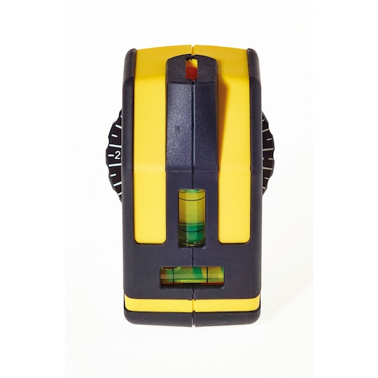 STANLEY STHT1-77148 laser level, yellow and black, front angle, with visible bubble vials and adjustment dials.