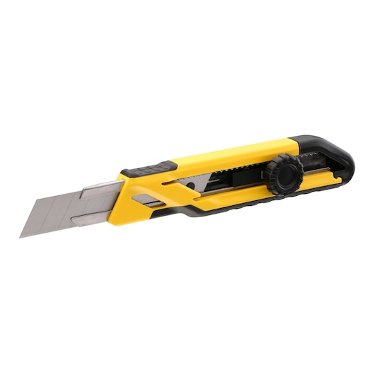 Photo of STANLEY STHT10268-0 utility knife with yellow and black body, angled view, exposed segmented blade.