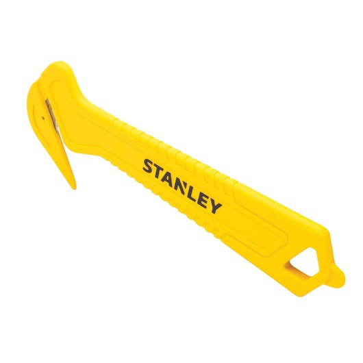 Photo of STANLEY STHT10355-1 yellow safety cutter tool, angled view on white background.