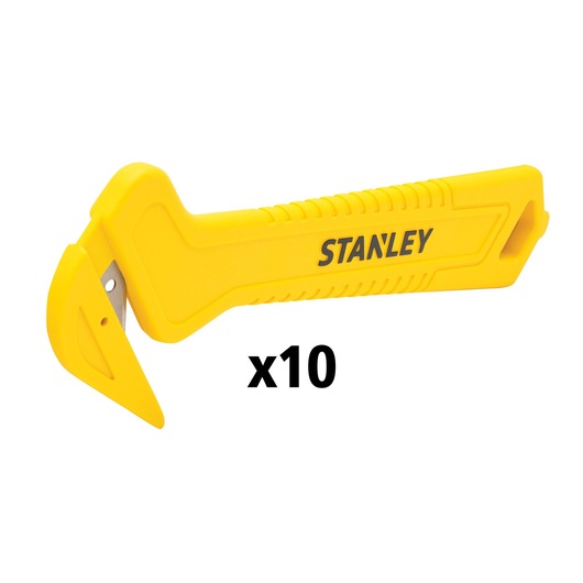 STANLEY STHT10355-1 yellow safety knife, pack of 10, side angle on white background.
