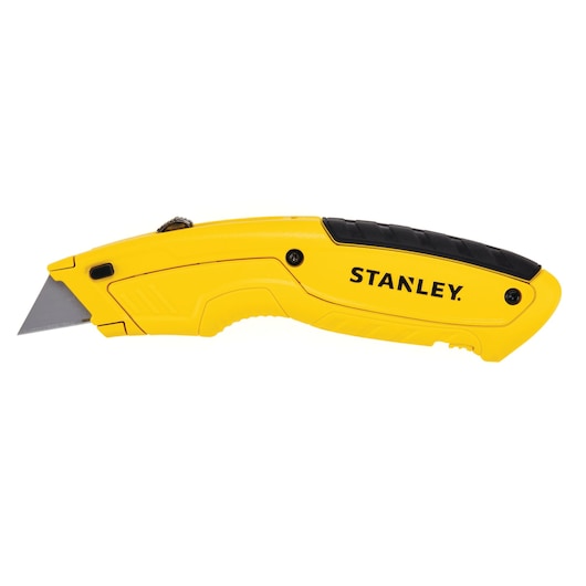 Stanley yellow utility knife with black grip, left side view on white background.