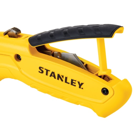 Photo of STANLEY STHT10430 yellow utility knife with black handle, side view on white background.