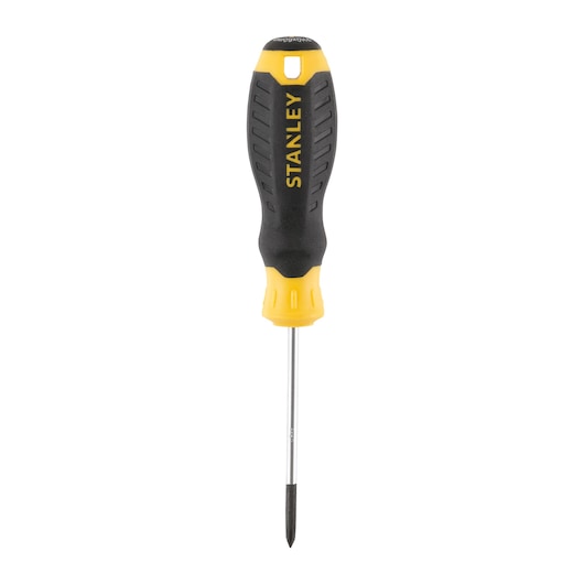 STANLEY STHT16153-0 screwdriver with black and yellow handle, front view, isolated on white background.