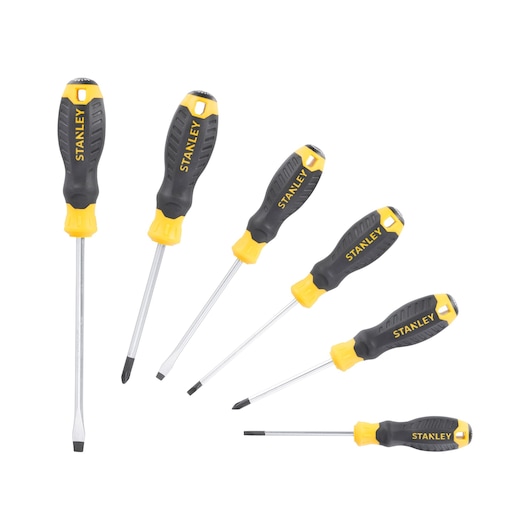 STANLEY STHT16165-0 screwdriver set, six black and yellow screwdrivers, photographed on white background.