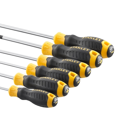 STANLEY STHT16165-0 screwdriver set with black and yellow handles, flat lay product photo.