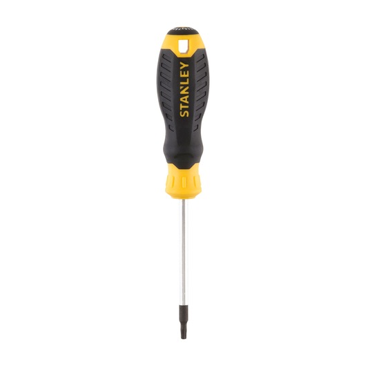 Photo of STANLEY STHT16178-0 screwdriver with black and yellow handle, front angle on white background.