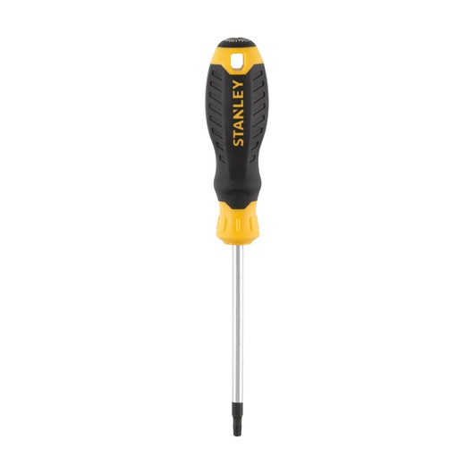 STANLEY STHT16180-0 screwdriver with black and yellow handle, front angle, photography on white background.