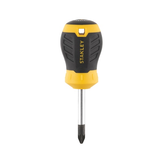 STANLEY STHT16196-0 stubby Phillips screwdriver with black and yellow handle, front angle.
