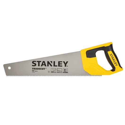 STANLEY STHT20348 hand saw with yellow and black handle, side angle on white background.