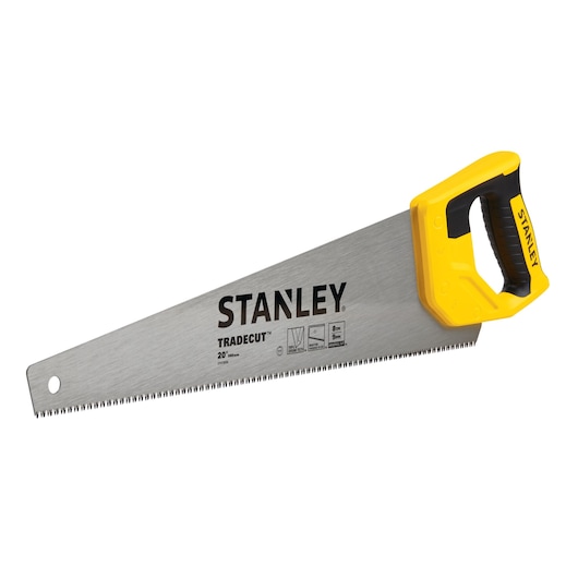 Stanley hand saw with yellow and black handle, side angle on white background, Tradecut 20 inch blade