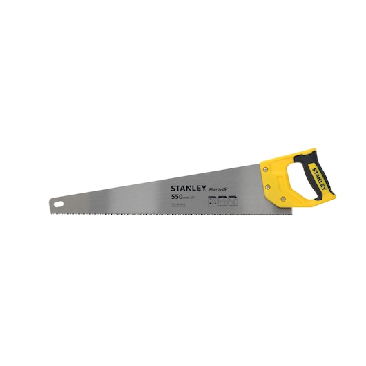 Photo of STANLEY STHT20368-9 hand saw with yellow and black handle, silver blade, straight side view.