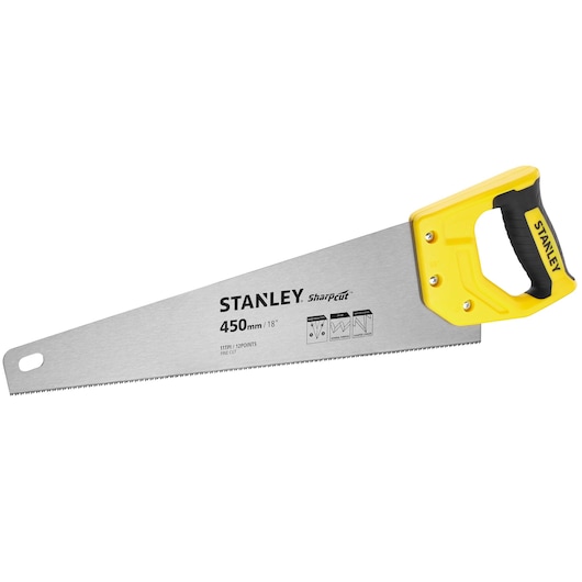 STANLEY STHT20370-1 hand saw with yellow handle, 450mm blade, side angle on white background.